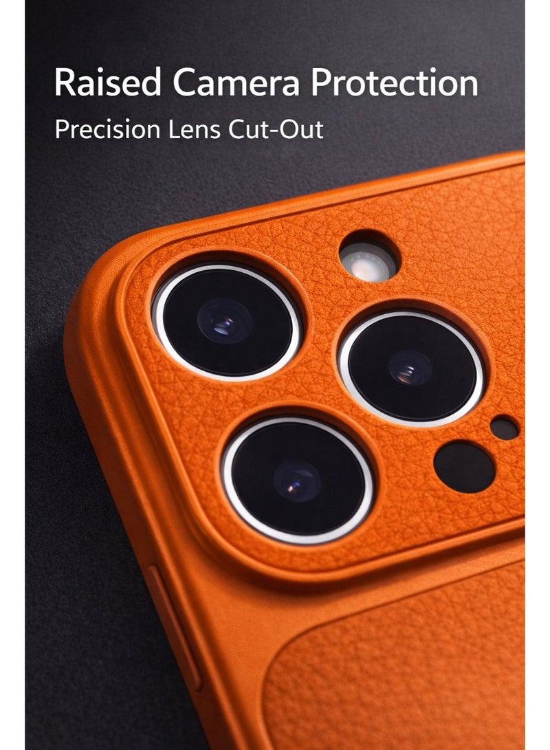 iPhone 16 Pro Max Luxury Magnetic Wireless Charging Case – Premium Orange Leather-Style Texture, Slim Fit, Raised Camera Protection - Image 3